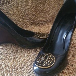 Tory Burch black patent leather wedge